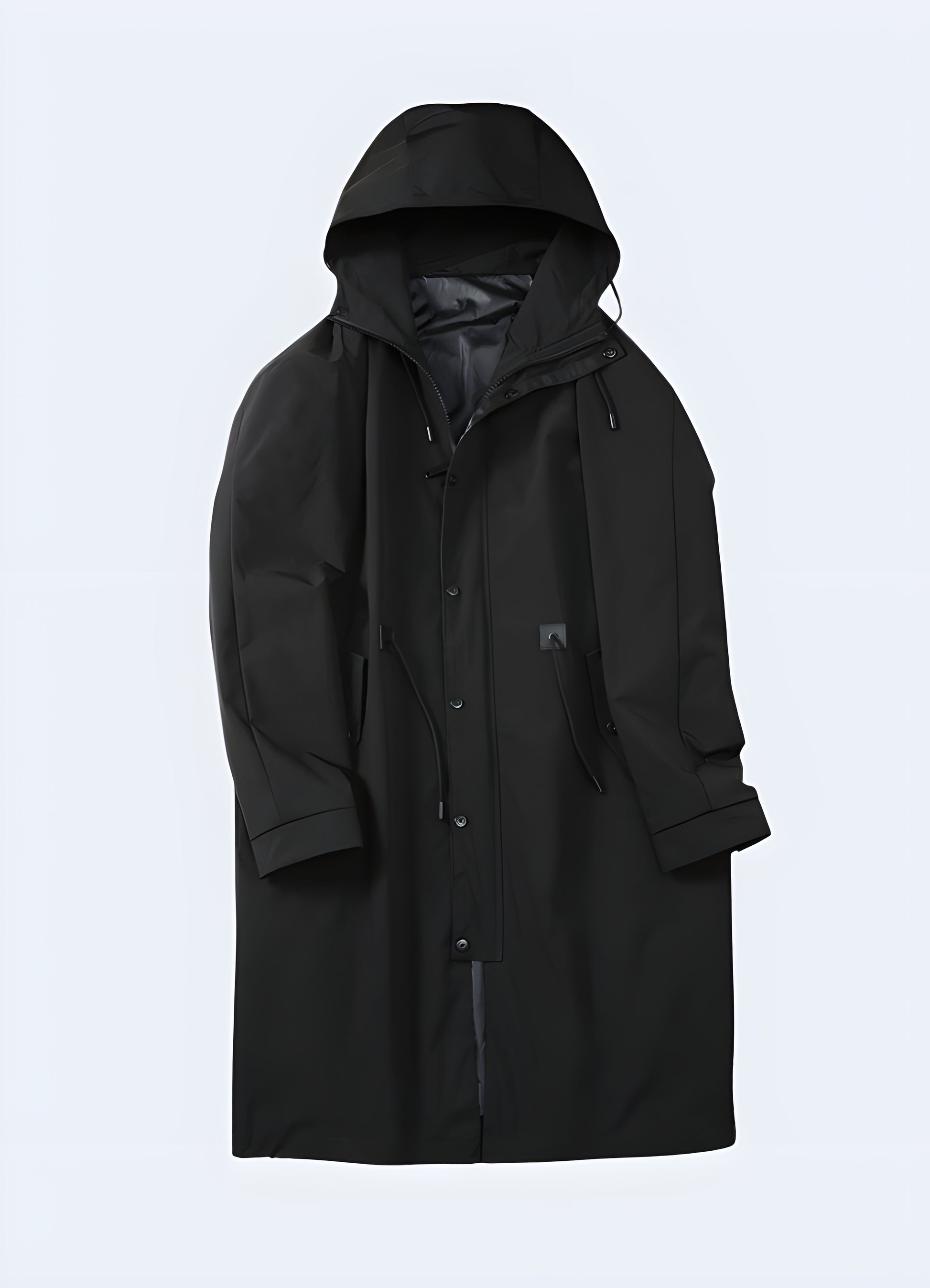 Admire the meticulous craftsmanship and attention to detail in this premium techwear trench coat.