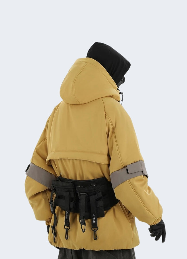 Men wearing yellow tactical jacket back view.