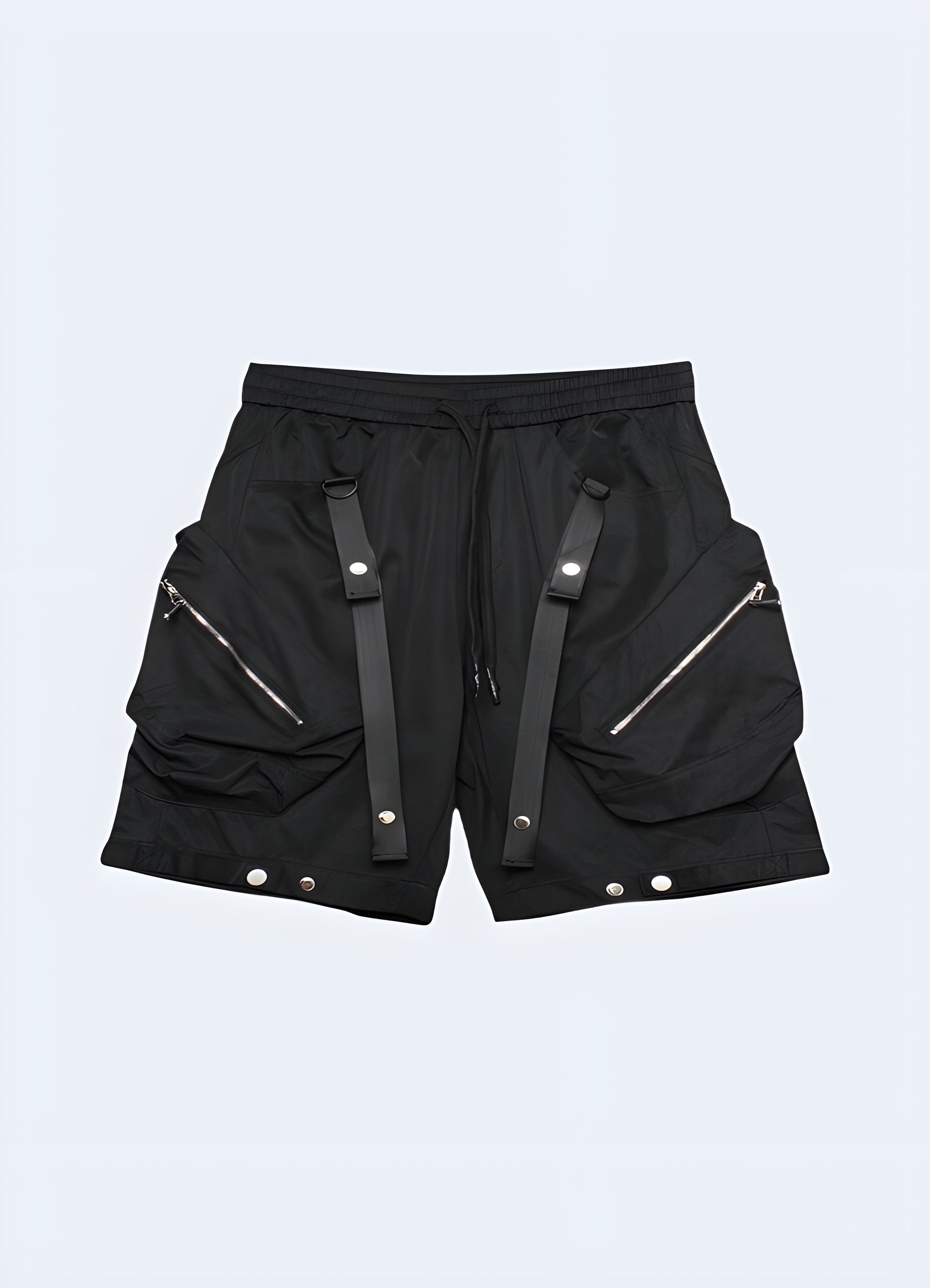 Technical shorts in black, front view, highlighting the contemporary design and practical features for techwear enthusiasts in the AU.