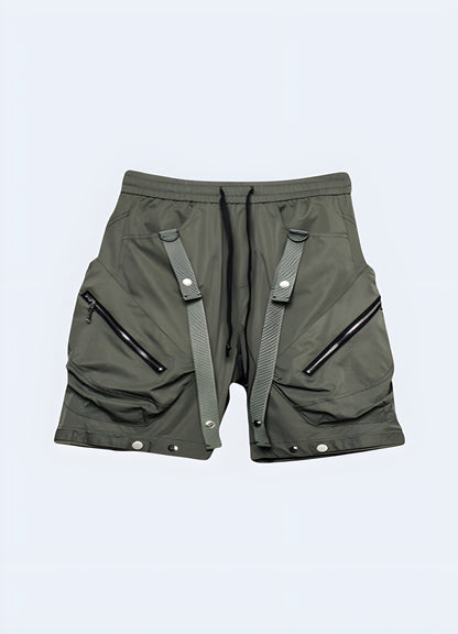 Technical shorts in green, front view, highlighting the contemporary design and practical features for techwear enthusiasts in the AU.