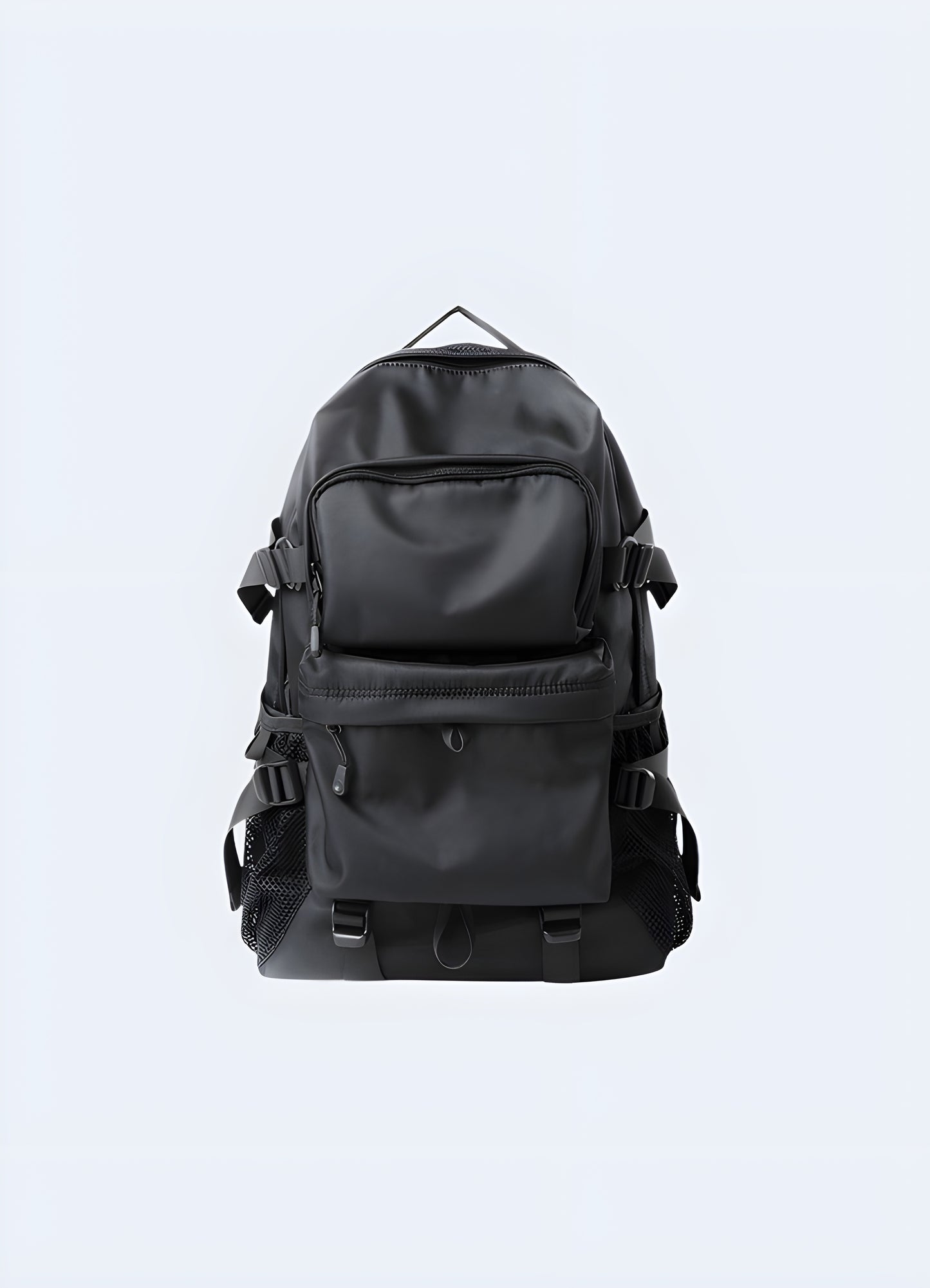 Techwear backpack padded, adjustable straps.