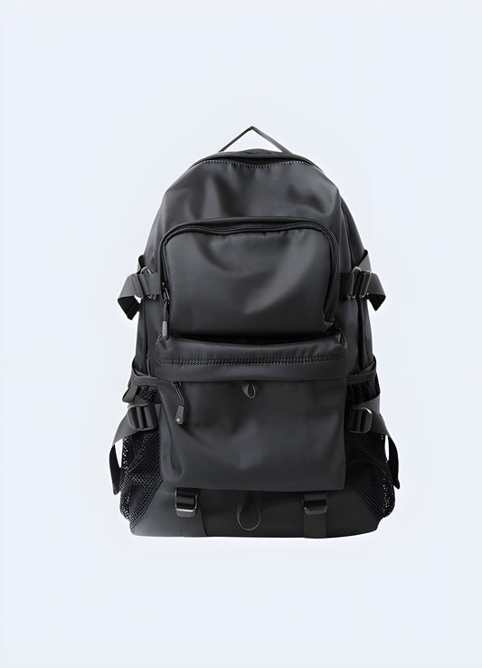 Techwear backpack padded, adjustable straps.