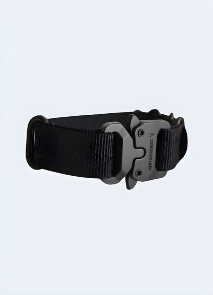 Sleek techwear cuff bracelet in stainless steel, exuding a futuristic vibe.