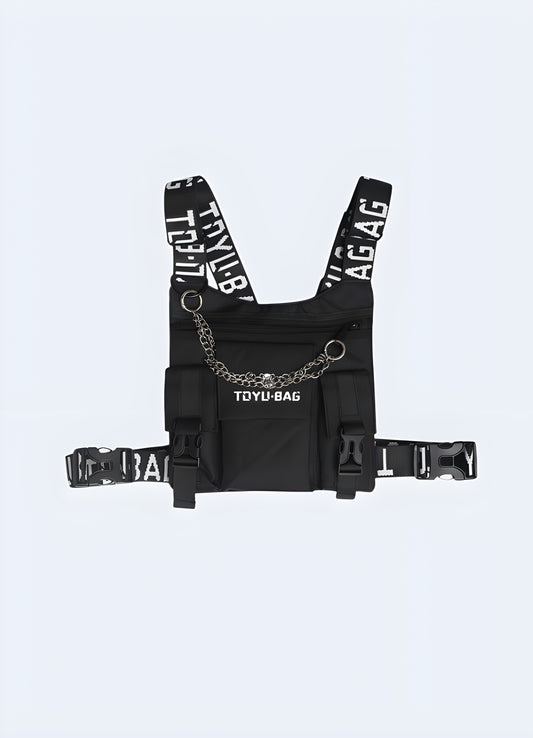 Techwear chest bag  tonal futuristic aesthetic.