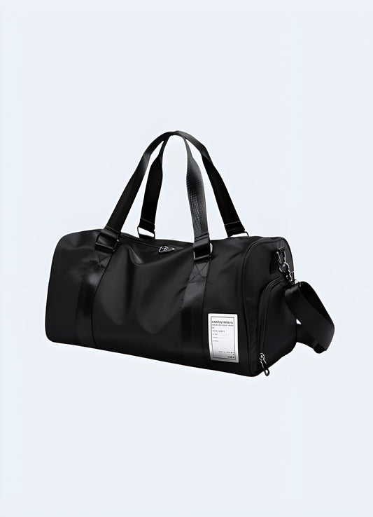 The bag boasts a sleek, minimalist look, with intricate detailing reminiscent of the techwear fashion movement.