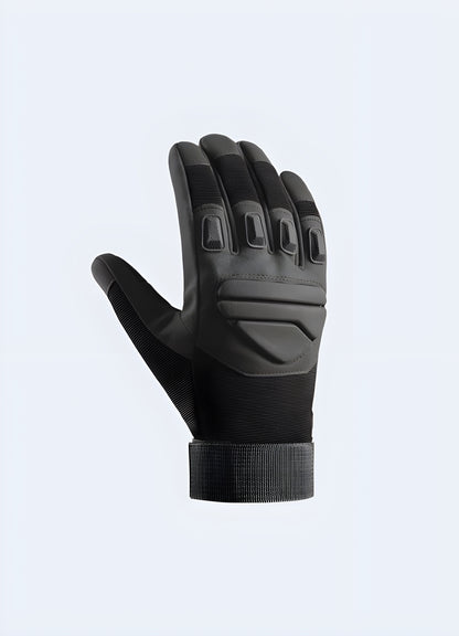 Techwear gloves full finger front view black.  