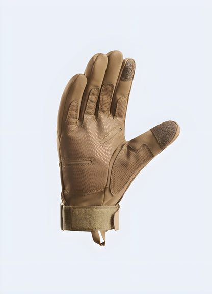 Techwear full finger gloves inside view khaki.  