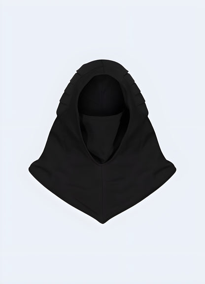 Futuristic minimalist techwear hood.