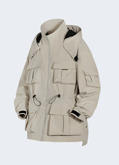 Techwear jacket white sleek windproof front view.