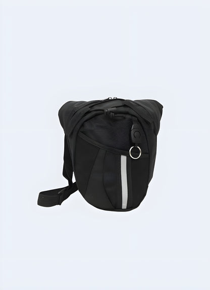 Techwear leg bag, front view, highlighting its practical features and sleek style.