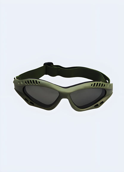 Techwear outdoor goggles green antifog amber lenses.