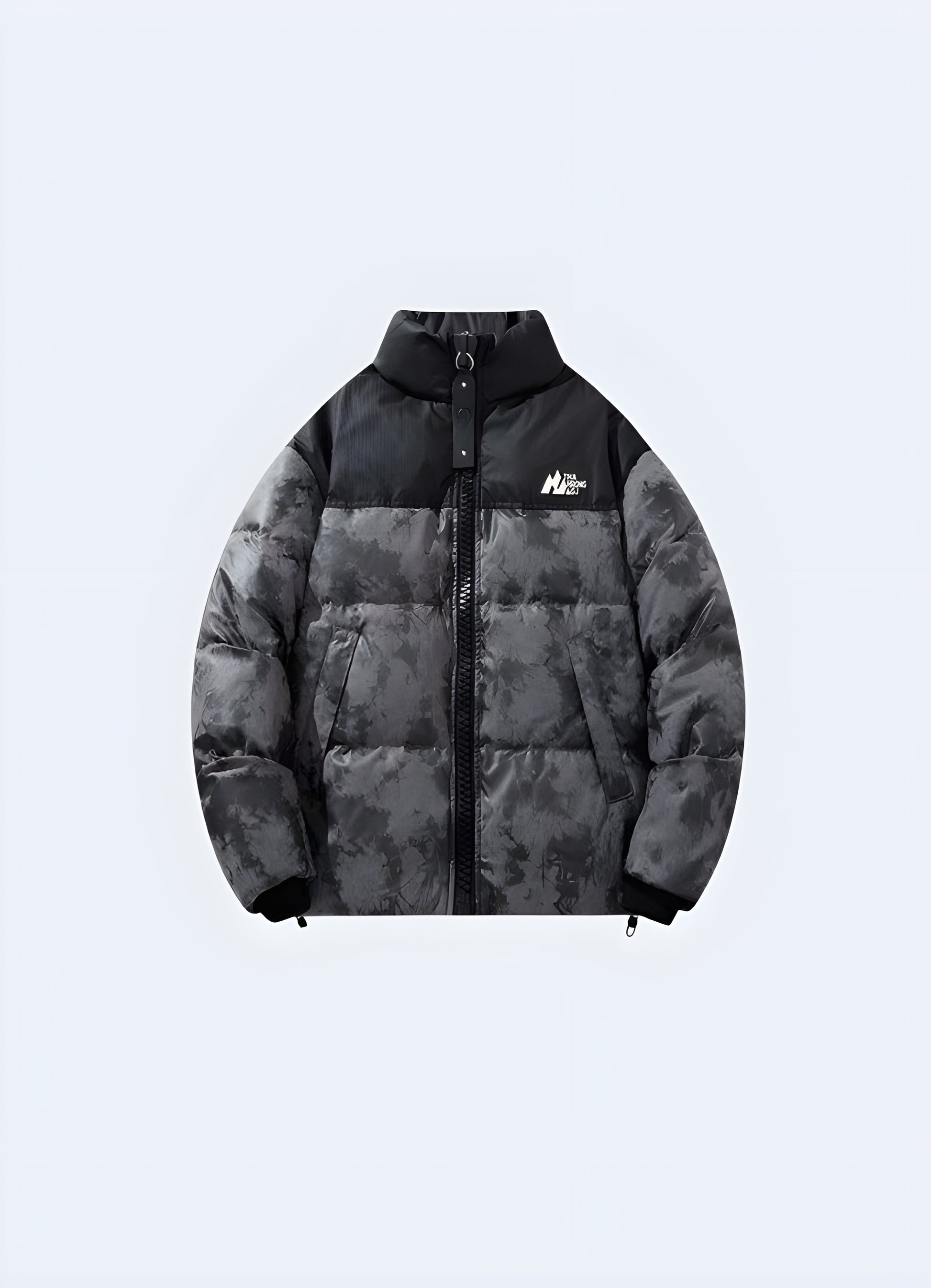 Techwear puffer black jacket oversized front view.