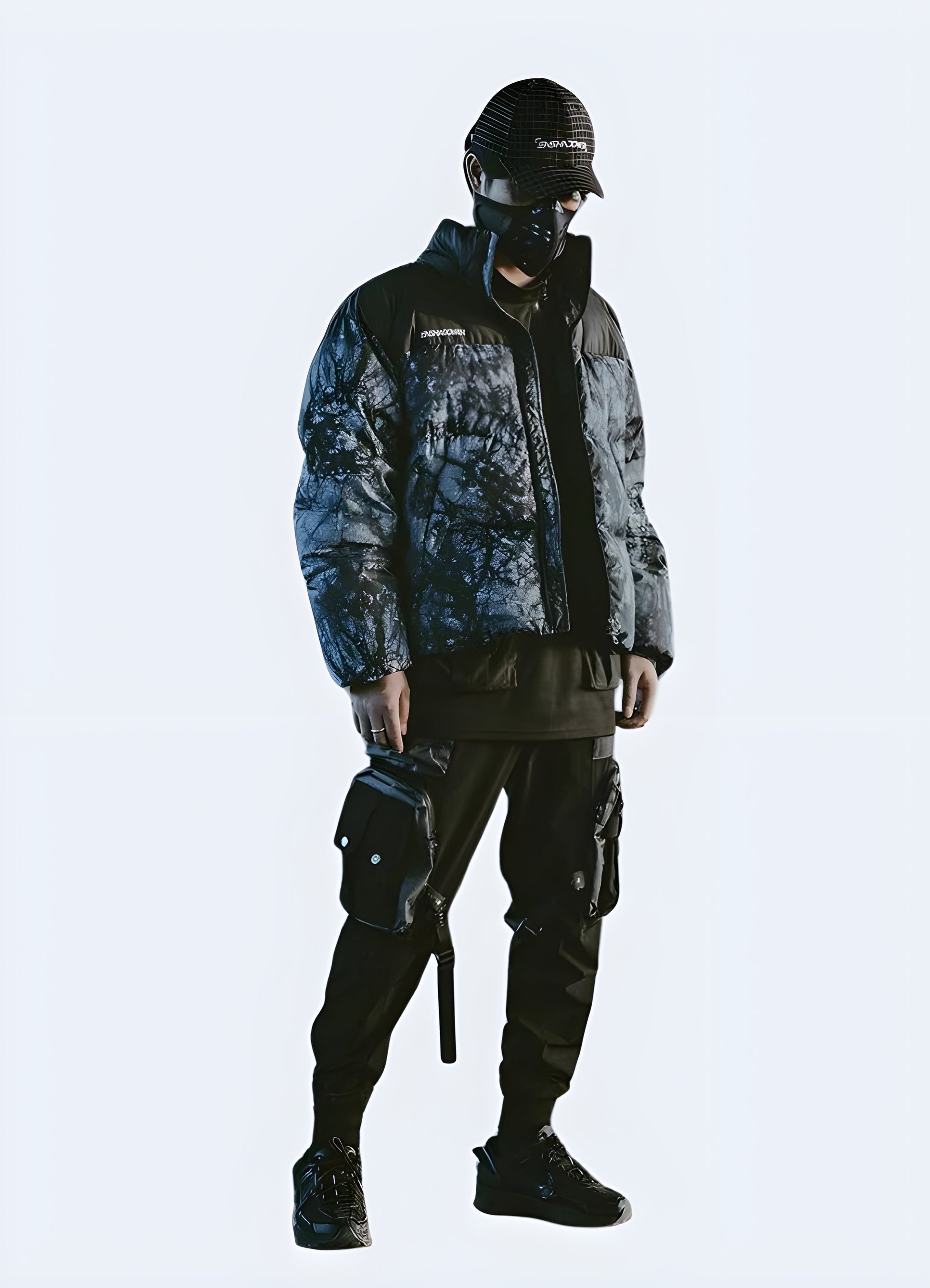 Demonstrating the techwear puffer jacket's versatility in accommodating various body types.