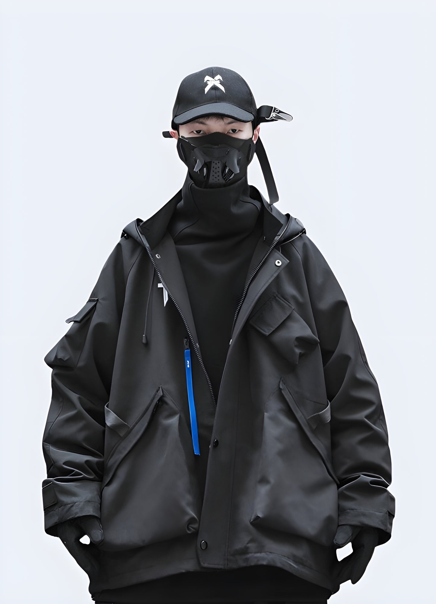 High tech techwear rain jacket black front view.