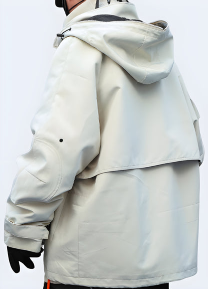 Men wearing beige techwear rain jacket back view.