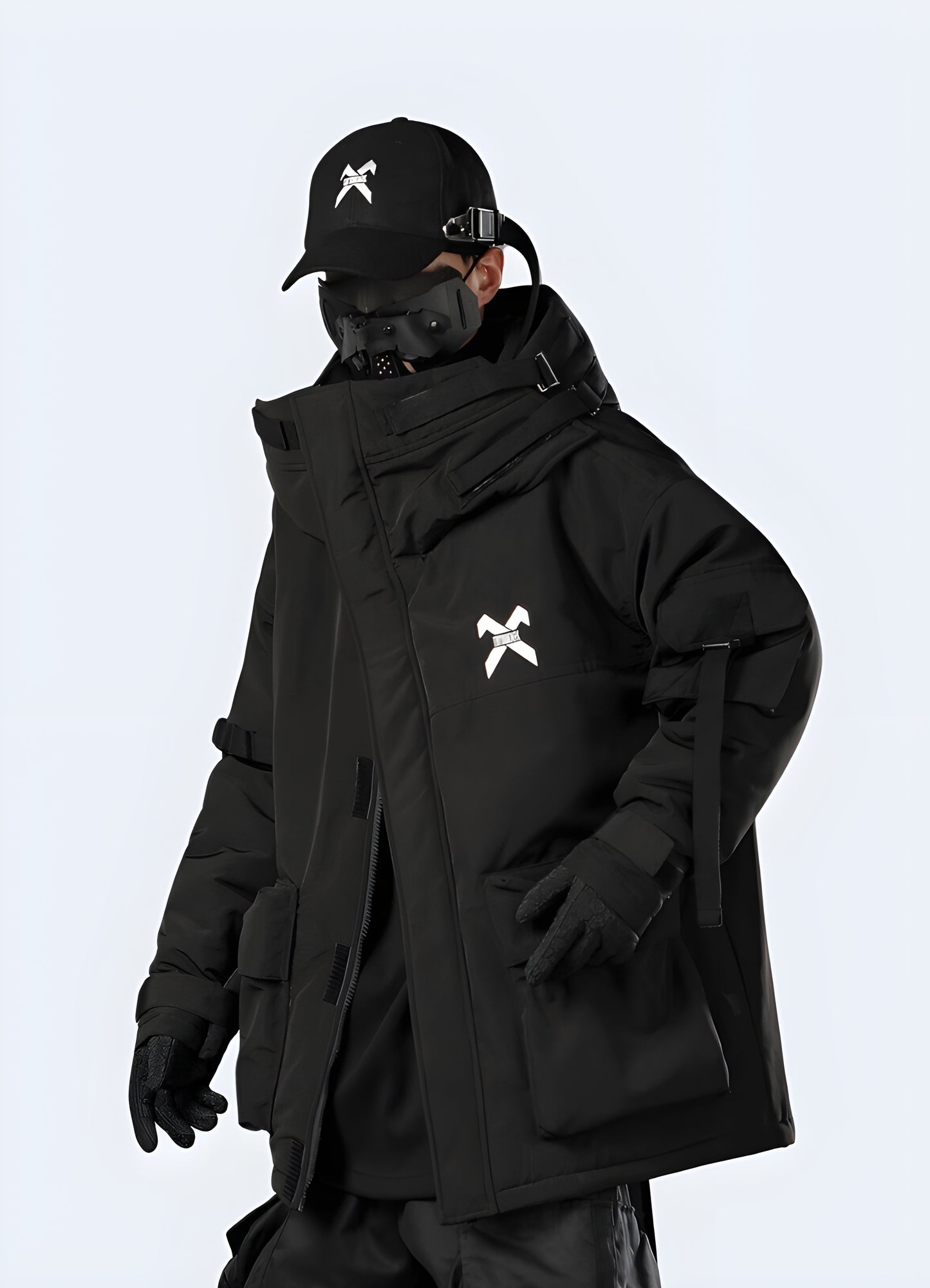 Men wearing black raincoat left side view.