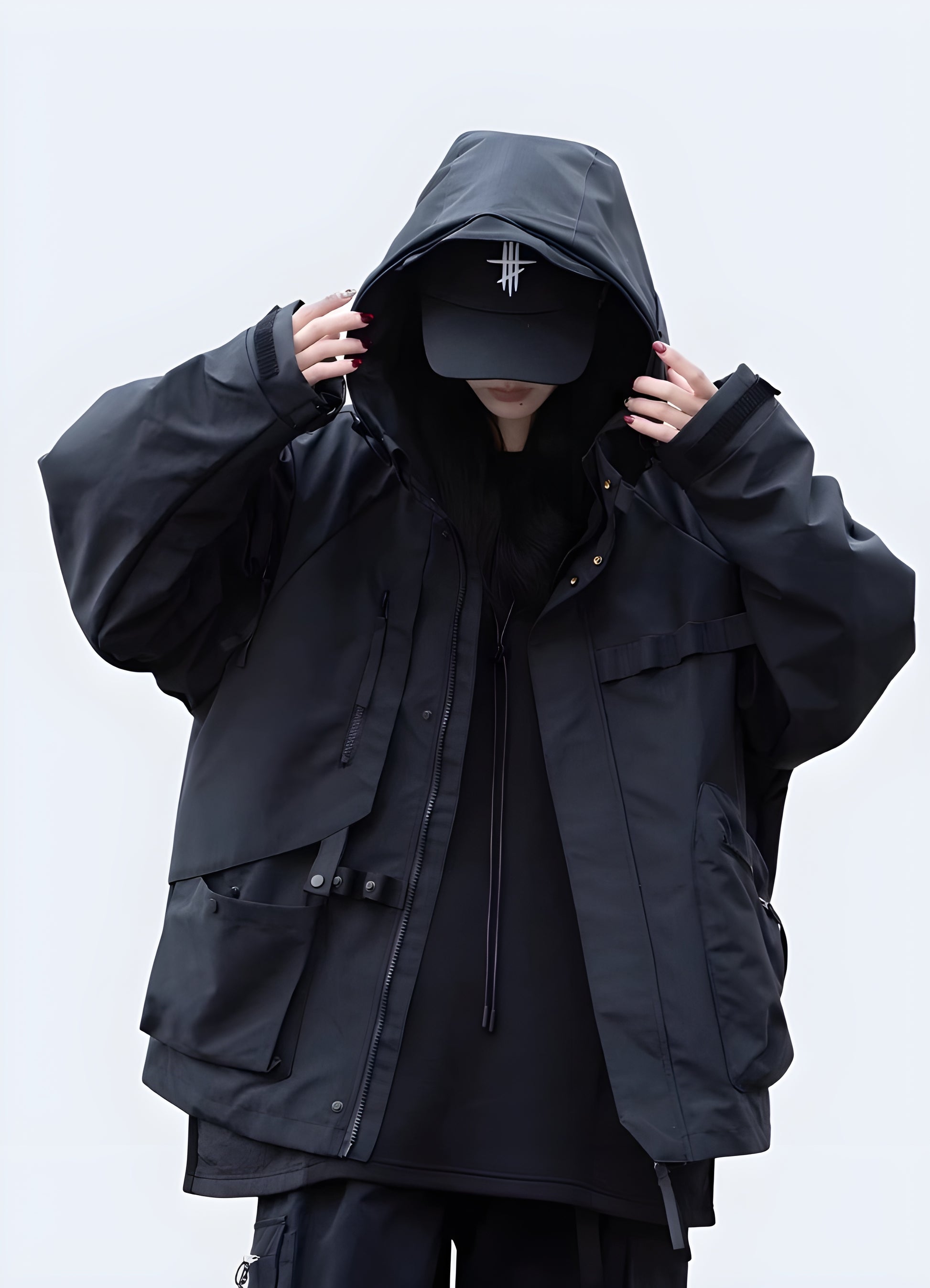 Techwear raincoat – black, regular fit, versatile layering piece, functional urban outerwear, waterproof design.