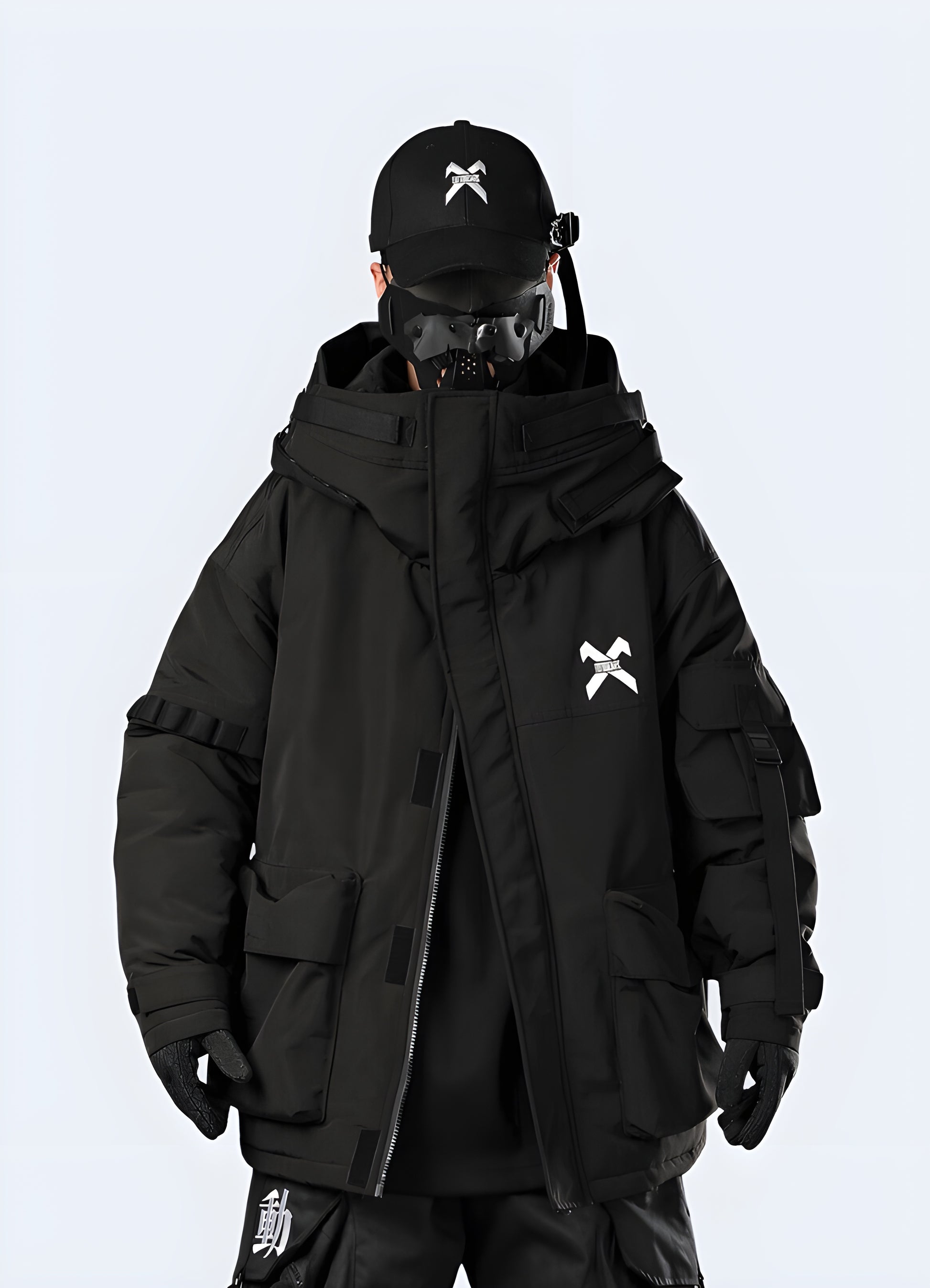 Men wearing black techwear raincoat regular fit front view.