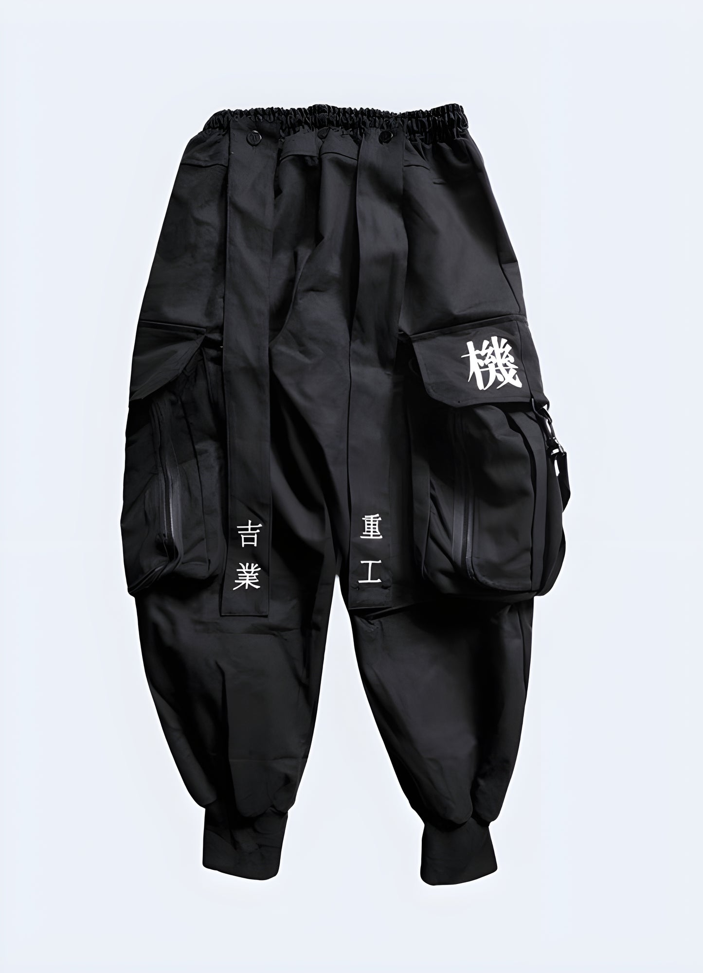 Black techwear samurai pant front view. 