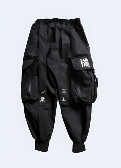 Black techwear samurai pant front view. 