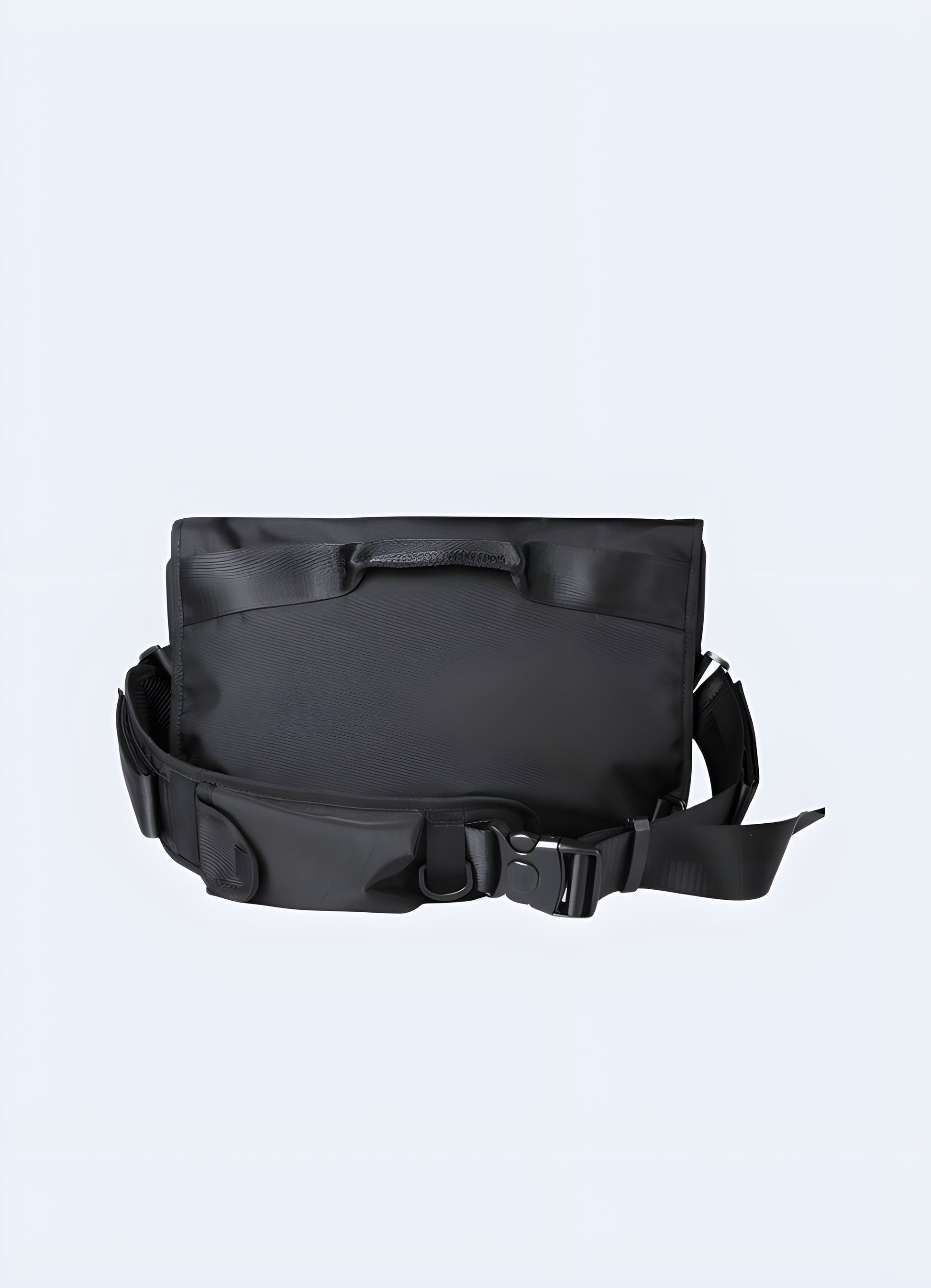 Back view of a techwear sling bag highlighting ergonomic design and multiple compartments for convenient storage.