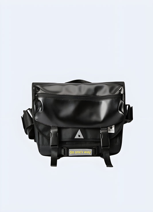 Techwear sling bag black padded, adjustable strap.