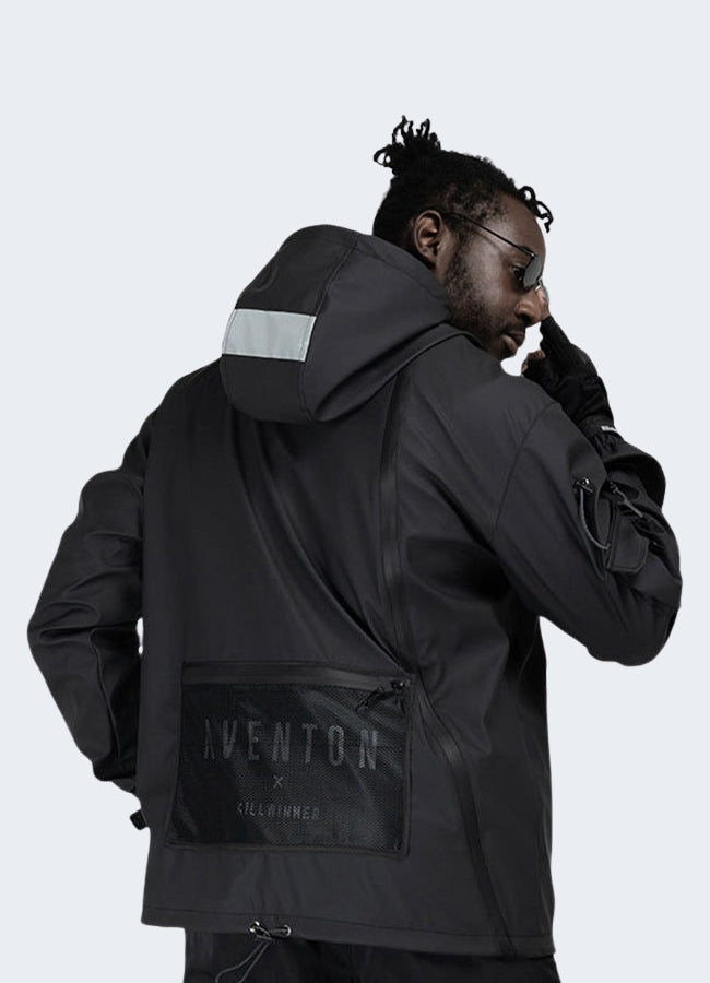 Admire the sleek and sophisticated silhouette of this techwear windbreaker.