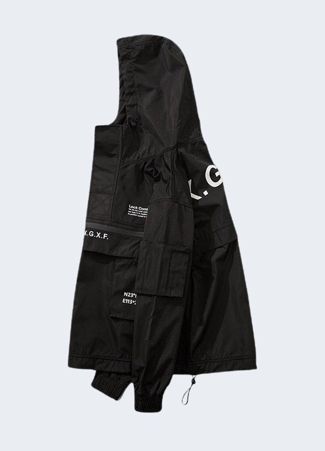 Side view of the techwear xgxf Jacket multi pockets.