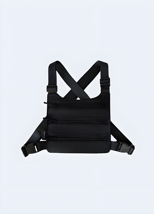 Tri strap chest bag convertible over the shoulder design.