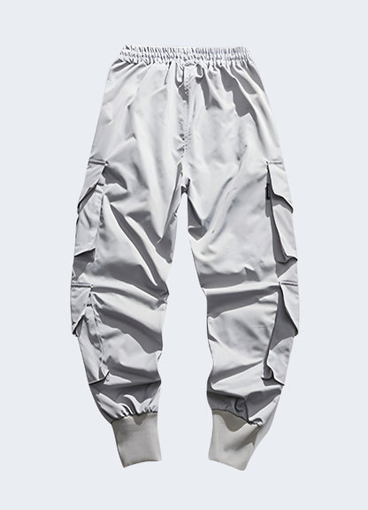 Grey urban jogger pant back view multi pockets.