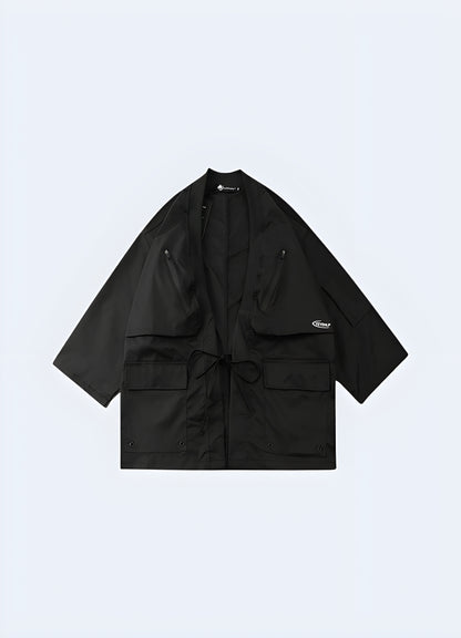 Urban streetwearinspired kimono jacket fits most body types.