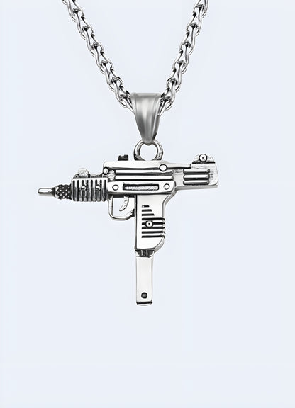 Realistic uzi gun pendant stainless steel construction.