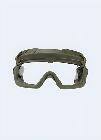 Smoke gradient lenses, rubber arm grips, and a sharp angular frame command attention.
