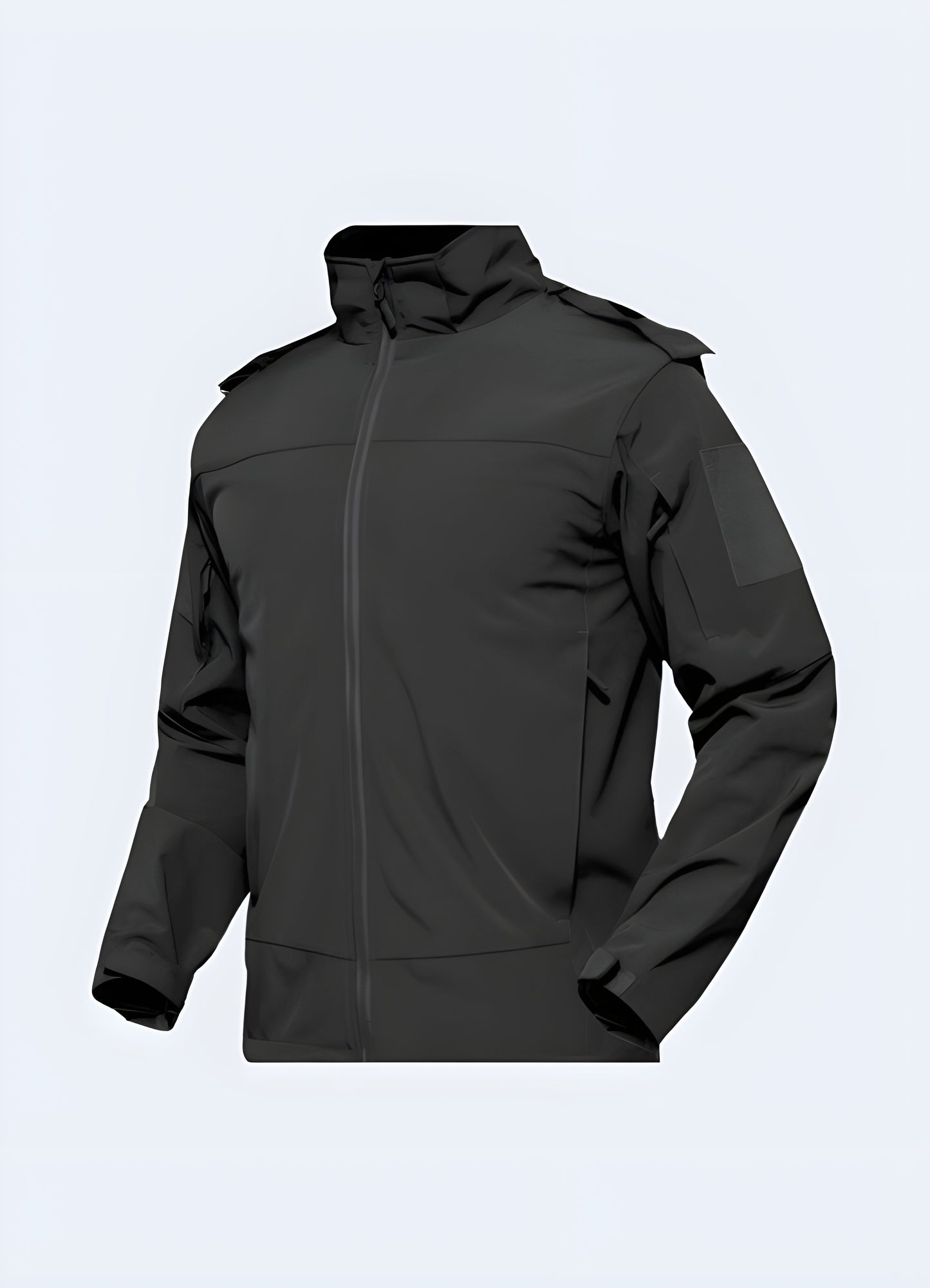 Waterproof tactical rain jacket side view.