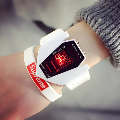 Wearing a white cyberpunk watch, displayed in a front view model, emphasizing its edgy design and modern technology.