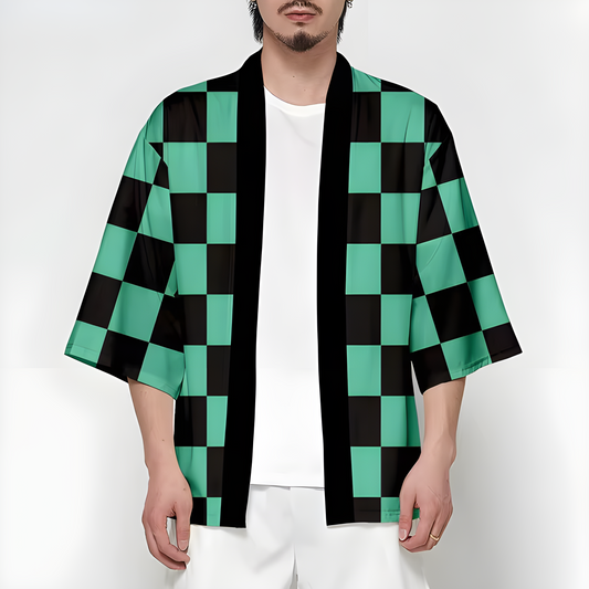 Person wearing a Demon Slayer Tanjiro kimono, shown in a front view to showcase its iconic green and black checkered pattern and traditional Japanese design.