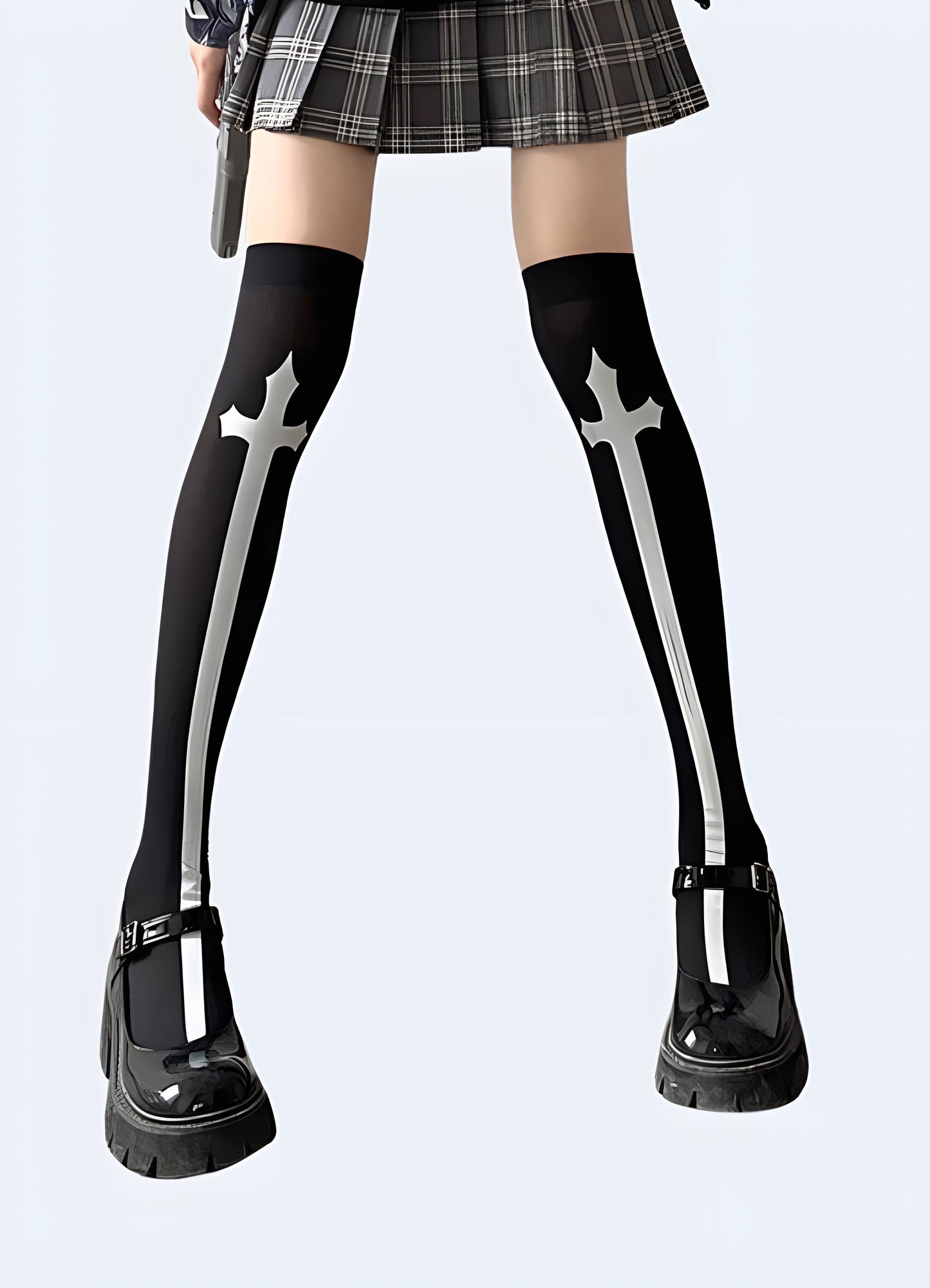 Gothic cross decal design black knee high socks.