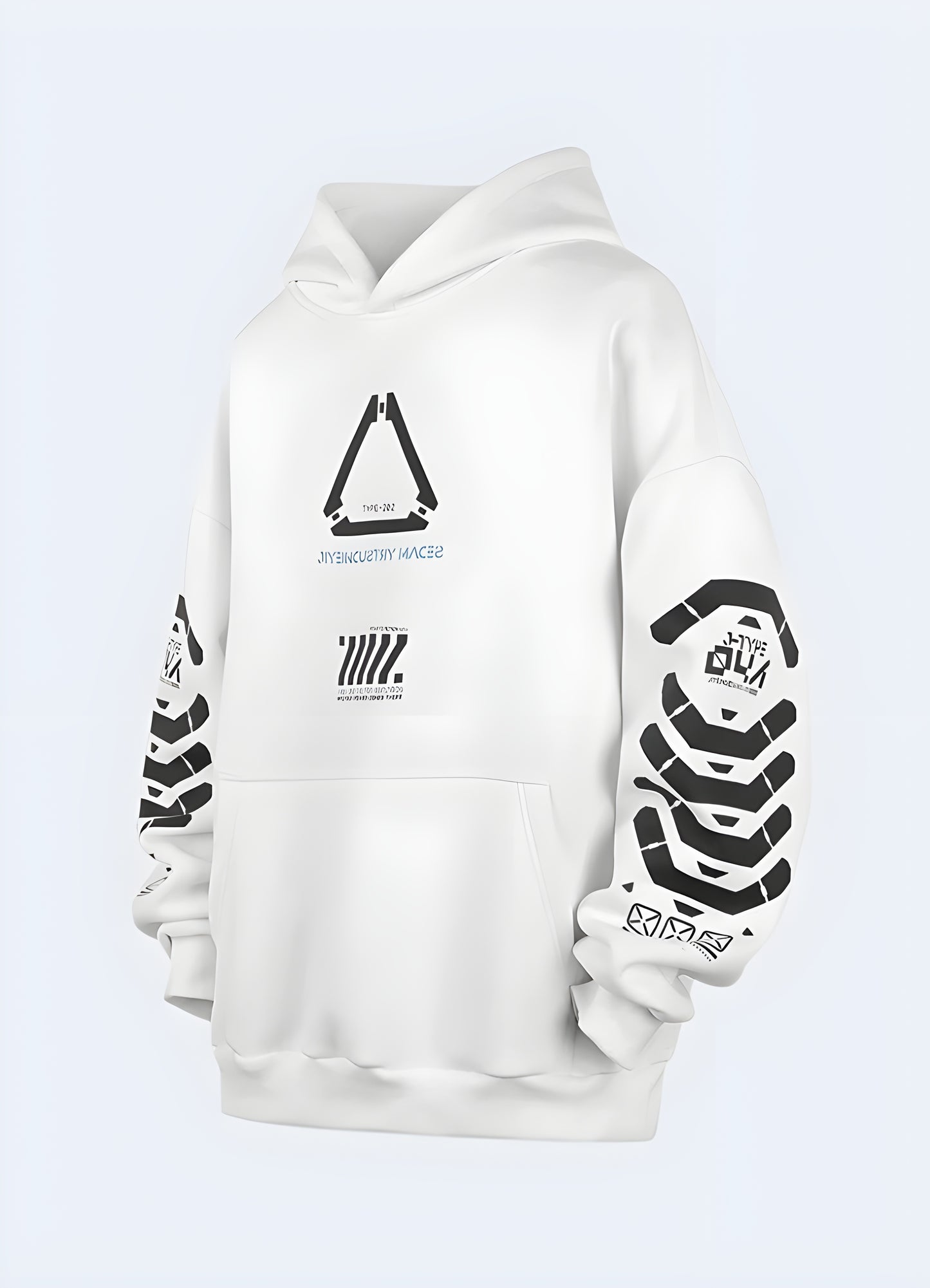 White oversized cyberpunk graphic hoodie.