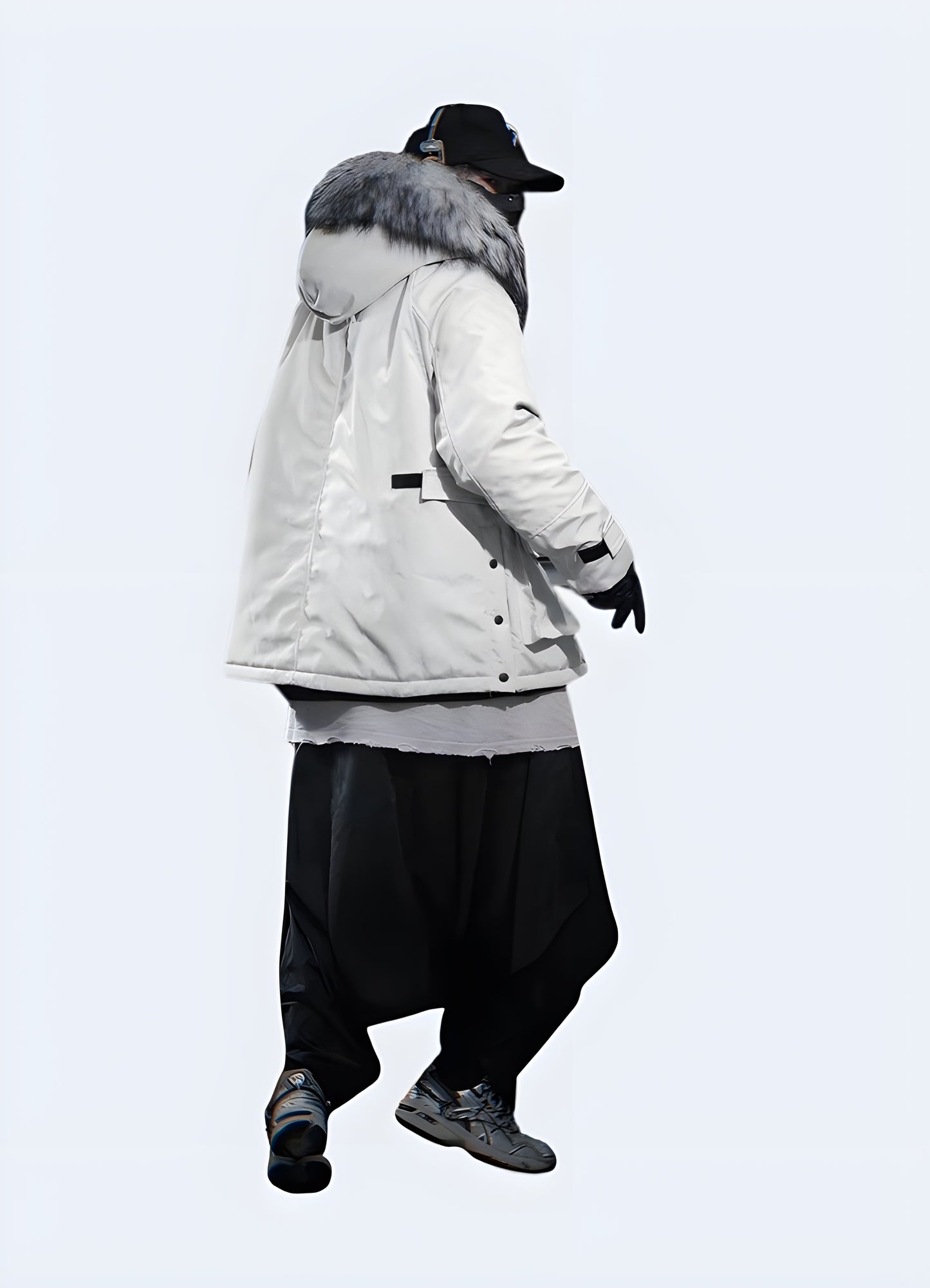 White streetwear jacket, back view, ribbed details, trendy urban fashion.