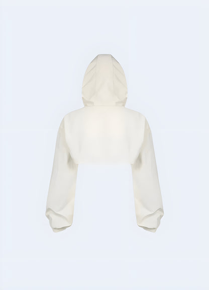 Sleek fitted white turtleneck crop flattering fit for most body shapes.