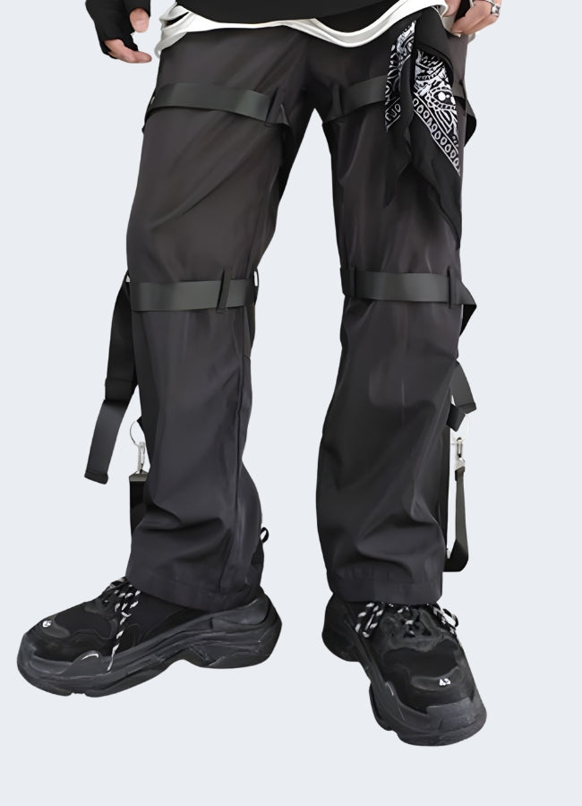 Relaxed wide-leg cargo pants silhouette.