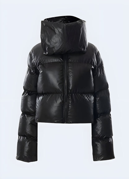 Quilted winter puffer with faux fur trim hood.