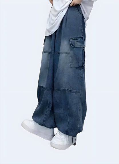 Blue baggy cargo pants women elastic waist.