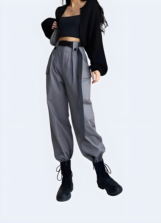 Solid pattern type adjustable waist womens grey jogger sweatpants.