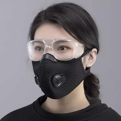 Woman wearing air pollution face mask, front view. Protective mask covering nose and mouth.