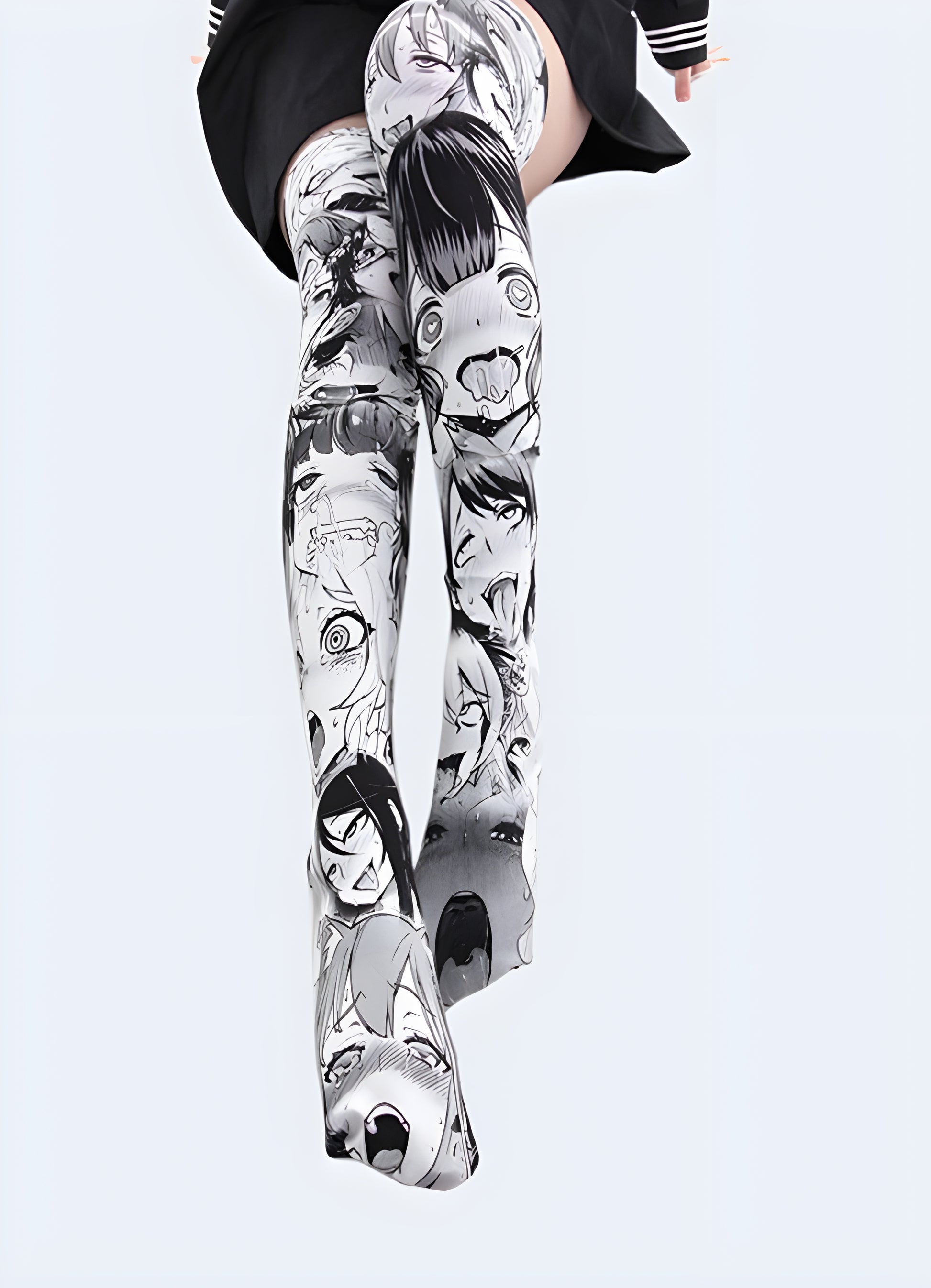 Women wearing anime girl socks black front view.