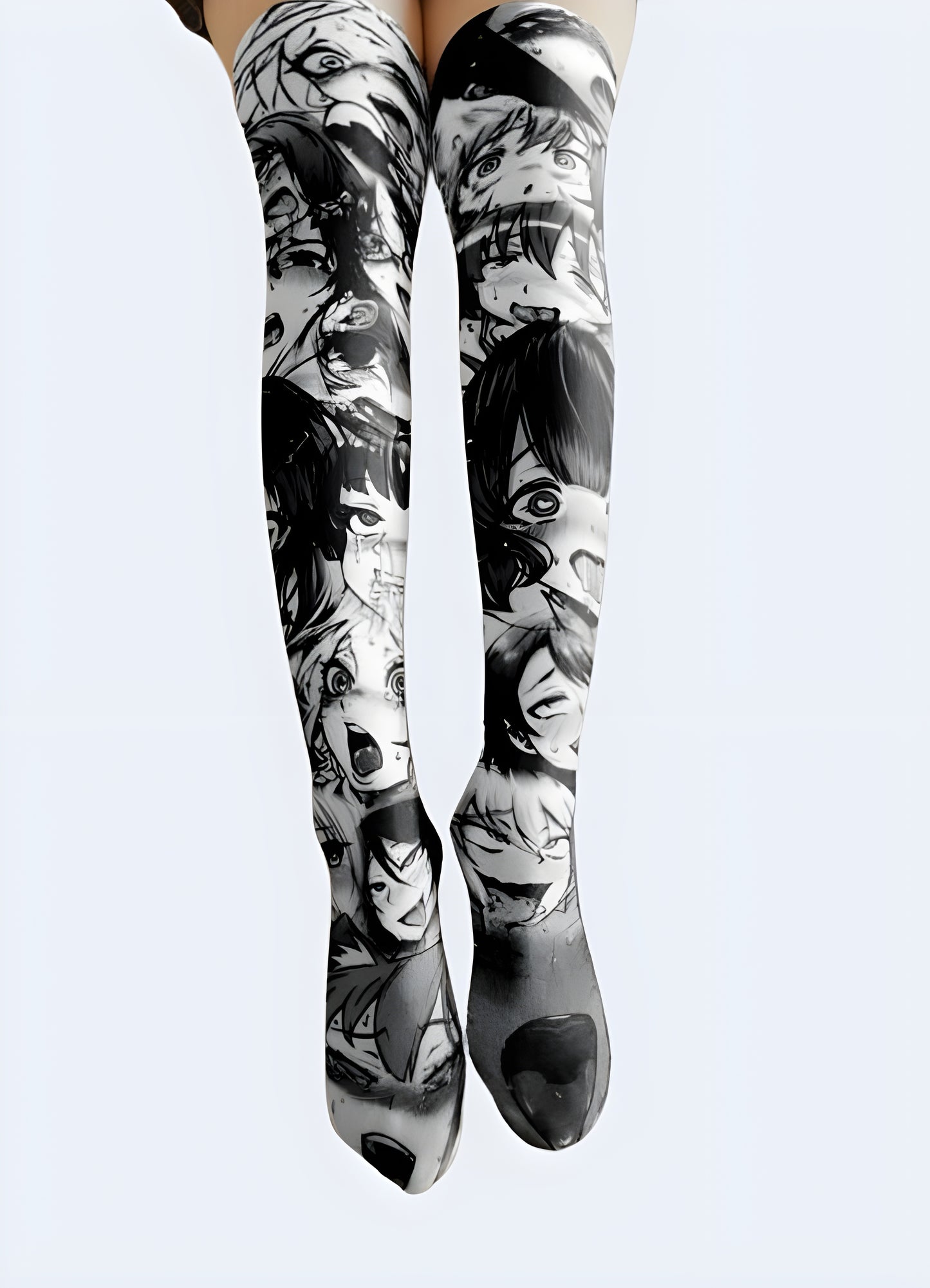 Women wearing anime girl socks mobile front view.