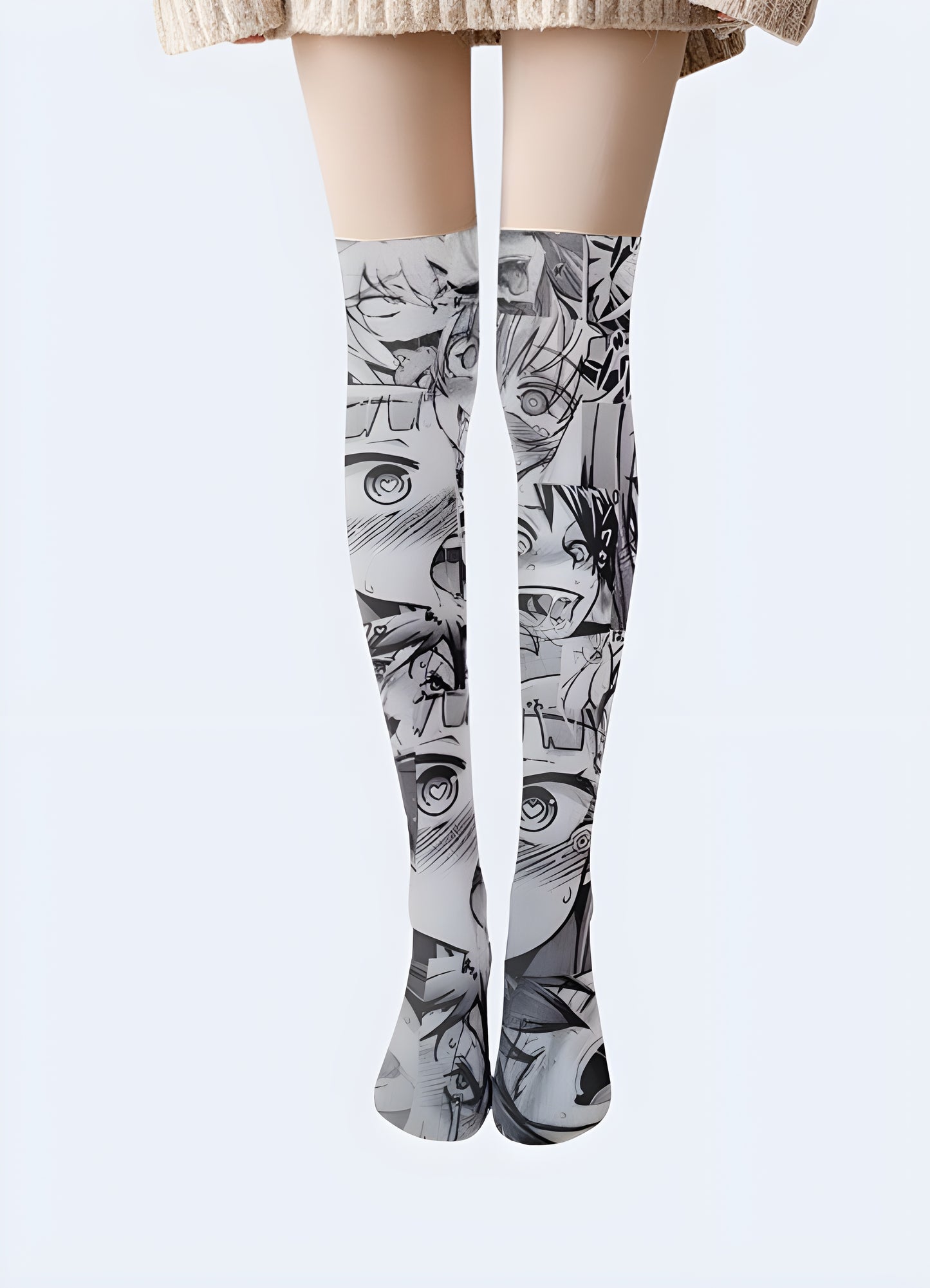 Women wearing grey anime girl socks front view.