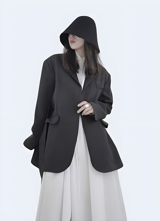 V-neck collar style solid pattern type black blazer style jacket.