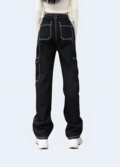 Durable black cargo pants featuring reinforced knees and multiple pockets for carrying all your essentials.